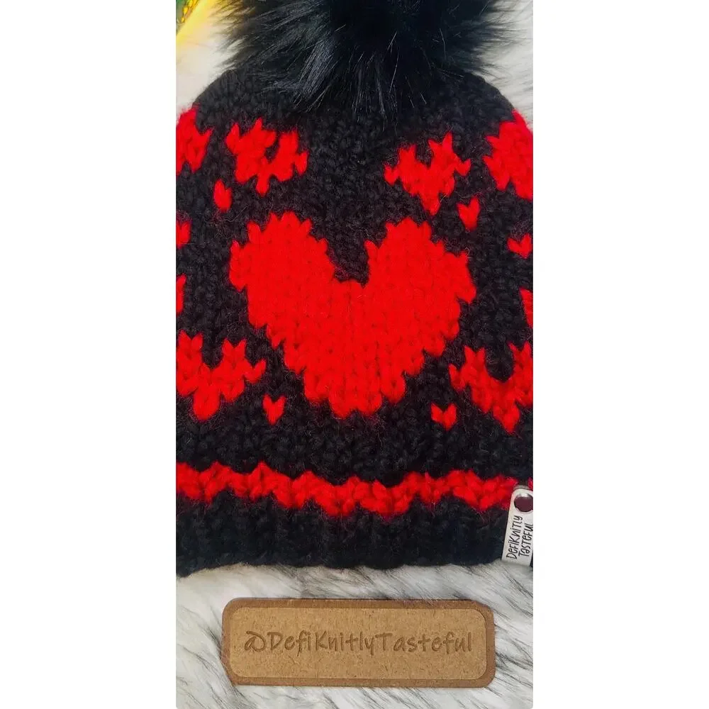 Goth Hearts Hand Knit Beanie: Chunky Valentine's Hat with Faux Fur Pom